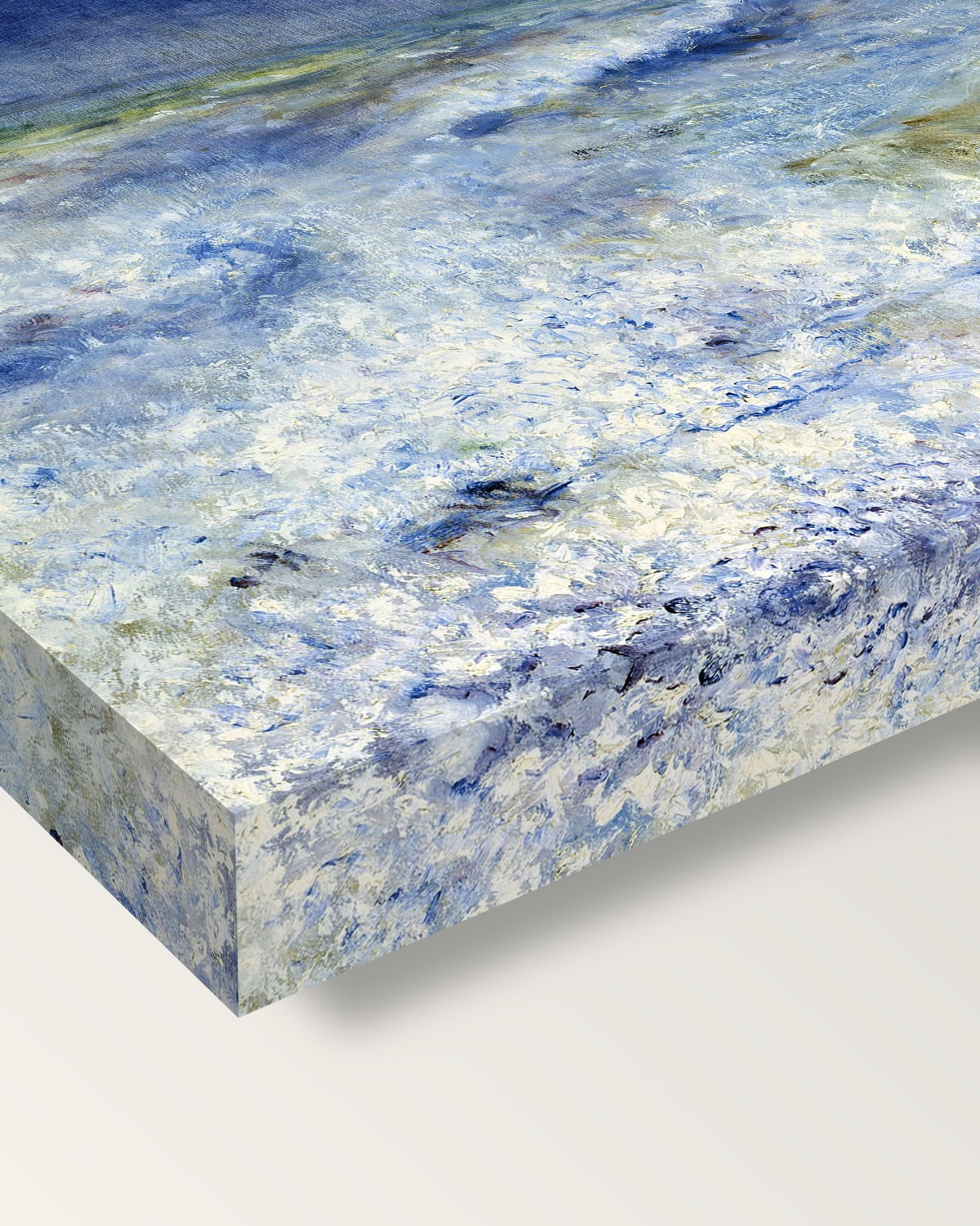 Seascape by Pierre-Auguste Renoir on stretched canvas, corner close-up: the painting mirror-wrapped round the sides