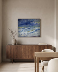 Seascape by Pierre-Auguste Renoir in a black frame above a walnut sideboard in a dining room