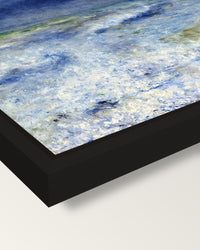 Seascape by Pierre-Auguste Renoir framed canvas, corner close-up: a black floating frame with a shadow gap round the canvas