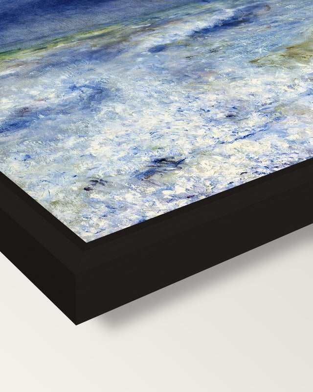 Seascape by Pierre-Auguste Renoir framed canvas, corner close-up: a black floating frame with a shadow gap round the canvas
