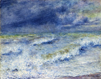 Seascape by Renoir: heavy blue waves crested with white rolling in under dark storm clouds, a strip of beach