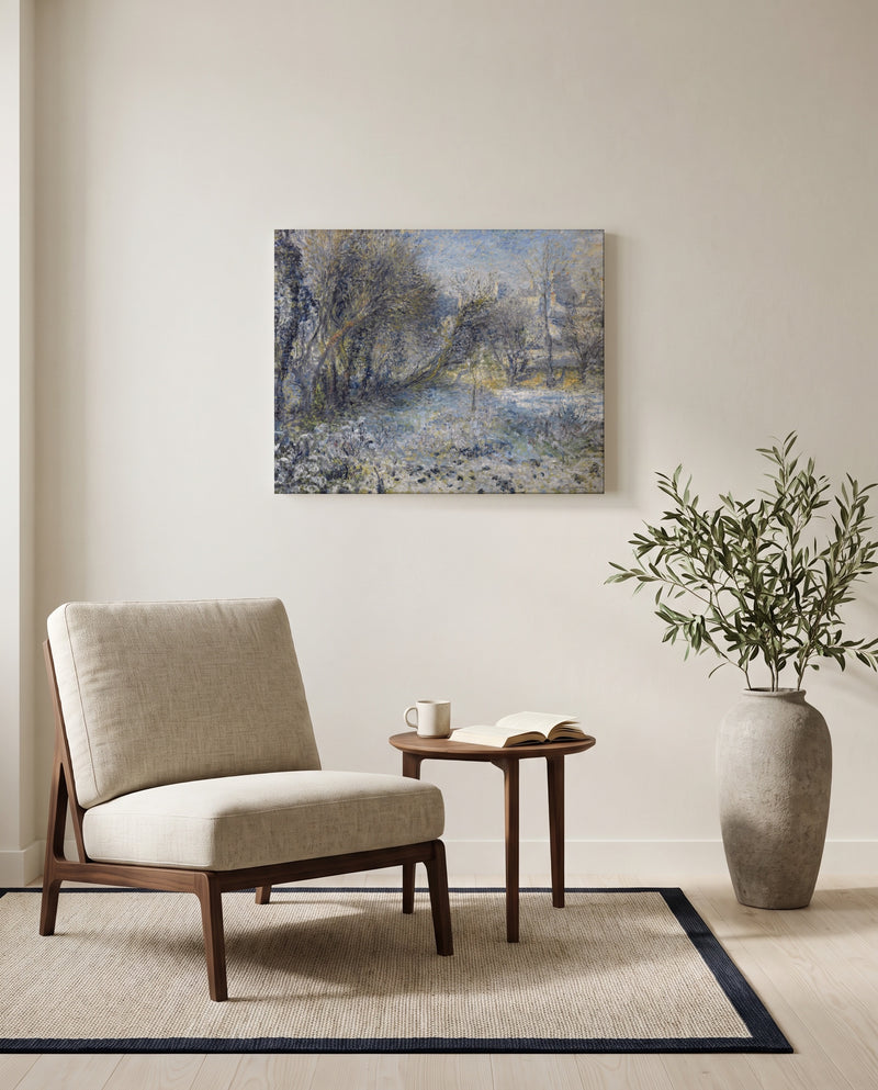 Snowy Landscape by Pierre-Auguste Renoir as a stretched canvas above a linen lounge chair in a reading corner