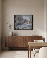 Snowy Landscape by Pierre-Auguste Renoir in a black frame above a walnut sideboard in a dining room