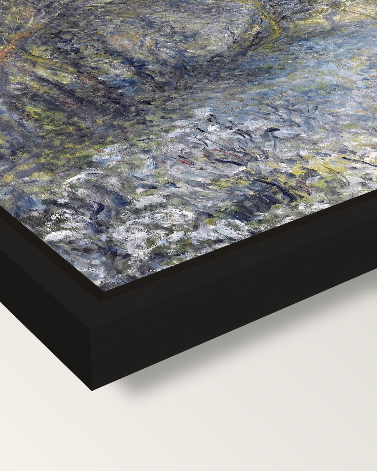 Snowy Landscape by Renoir framed canvas, corner close-up: a black floating frame with a shadow gap round the canvas