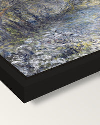 Snowy Landscape by Renoir framed canvas, corner close-up: a black floating frame with a shadow gap round the canvas