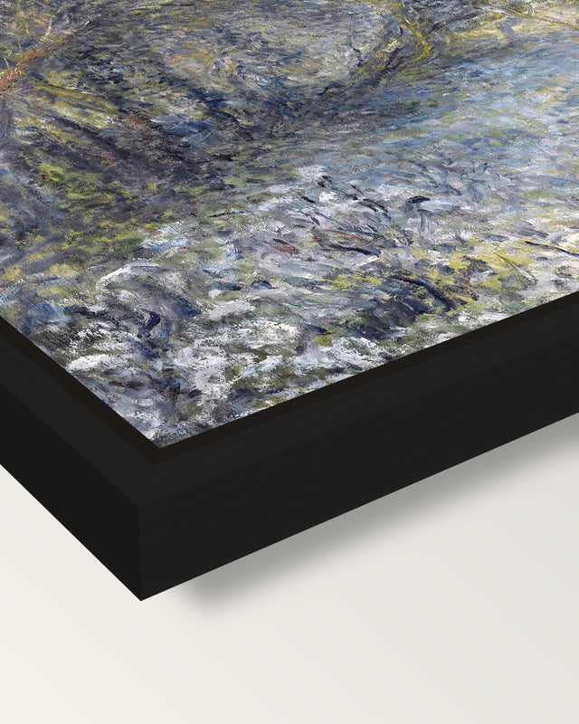Snowy Landscape by Renoir framed canvas, corner close-up: a black floating frame with a shadow gap round the canvas