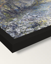 Snowy Landscape by Renoir framed print, corner close-up: black moulding, mitred, the print set just below its edge