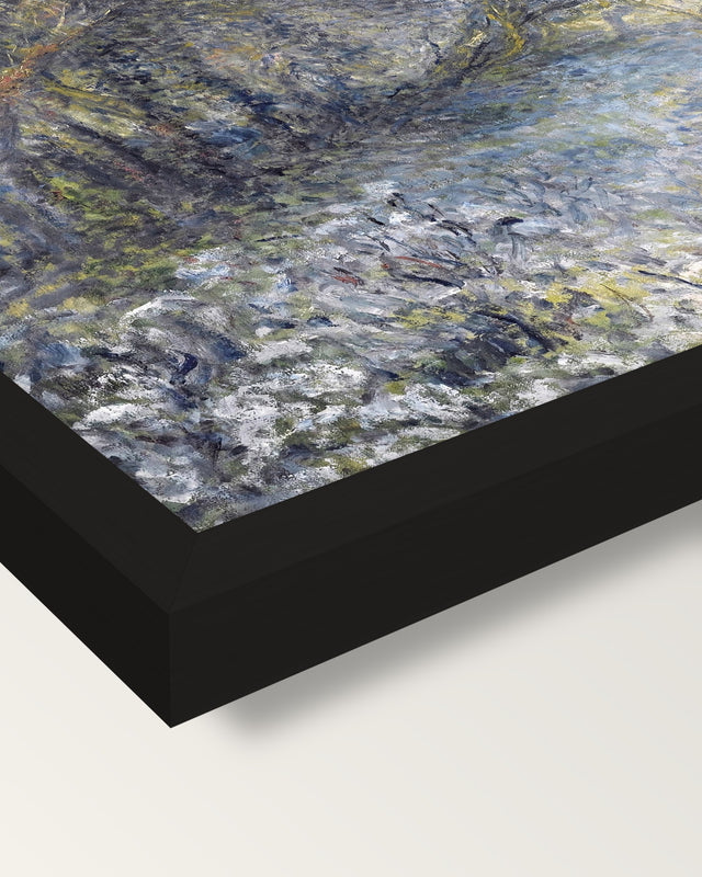Snowy Landscape by Renoir framed print, corner close-up: black moulding, mitred, the print set just below its edge
