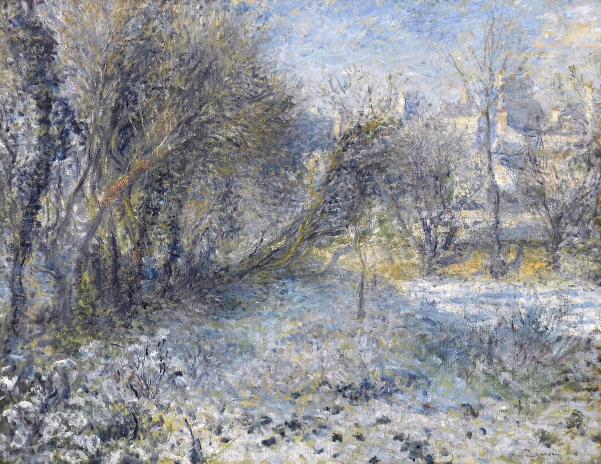 Snowy Landscape by Renoir: a snowy field and bare trees painted in soft blues, lilacs and gold, a pale winter sky