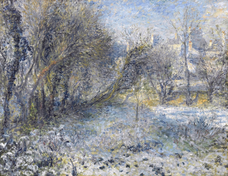 Snowy Landscape by Renoir: a snowy field and bare trees painted in soft blues, lilacs and gold, a pale winter sky