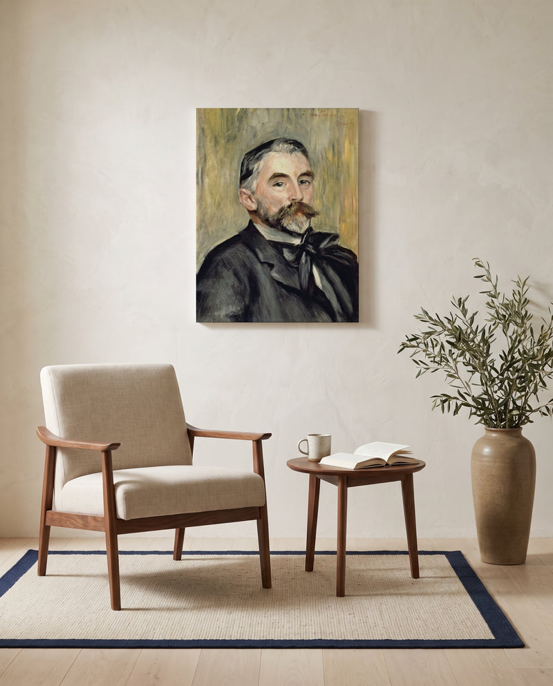 Stéphane Mallarmé by Pierre-Auguste Renoir as a stretched canvas above a linen lounge chair in a reading corner