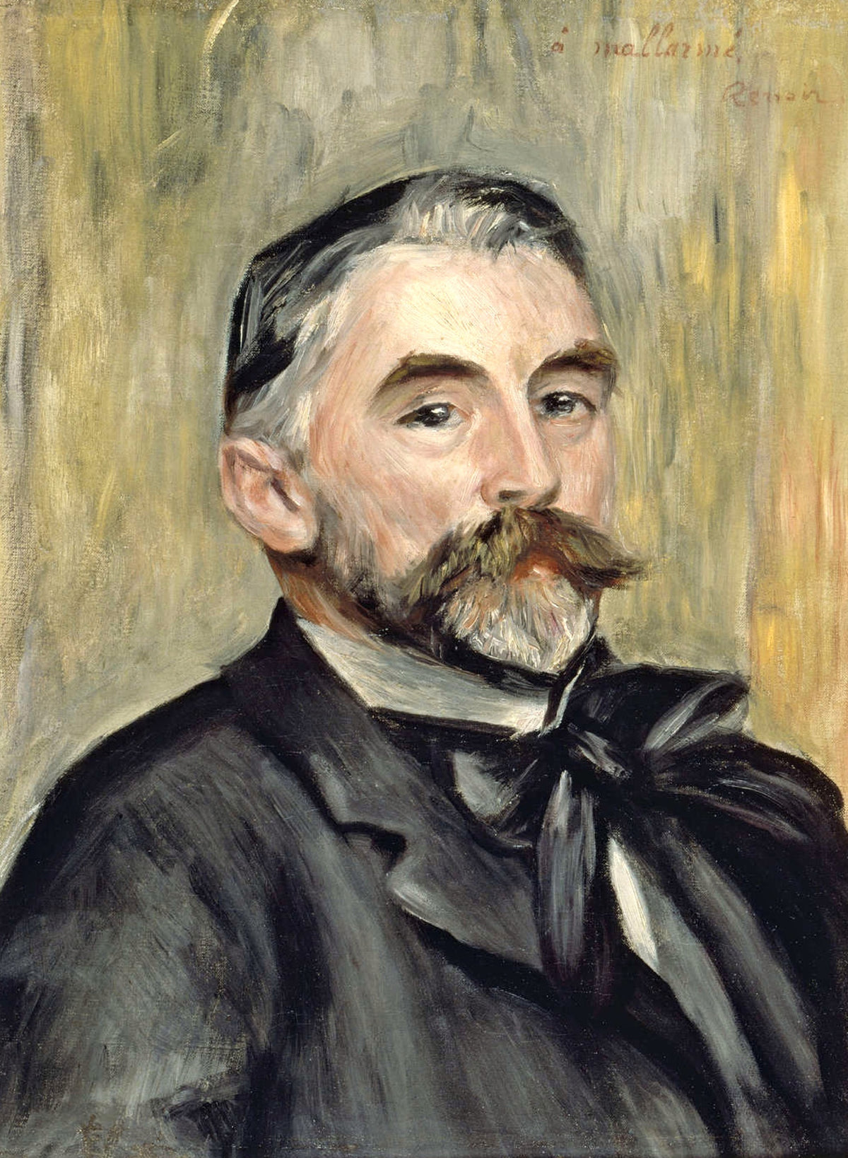 Portrait of Stéphane Mallarmé by Renoir: a grey-haired man with a large moustache and dark coat, soft gold background