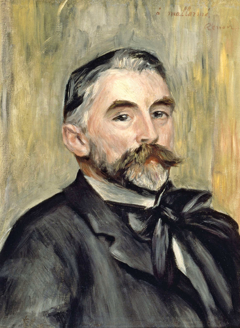 Portrait of Stéphane Mallarmé by Renoir: a grey-haired man with a large moustache and dark coat, soft gold background