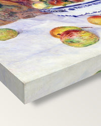 Still Life with Peaches by Renoir on stretched canvas, corner close-up: the painting mirror-wrapped round the sides
