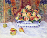Still Life with Peaches by Renoir: a pile of ripe peaches in a blue and white bowl on a white cloth, pears beside it