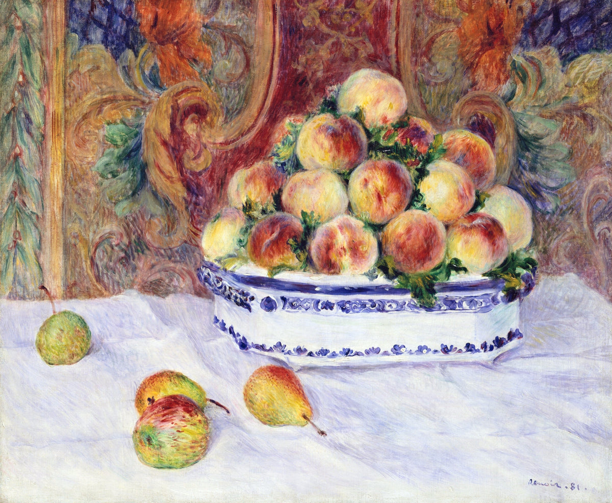 Still Life with Peaches by Renoir: a pile of ripe peaches in a blue and white bowl on a white cloth, pears beside it