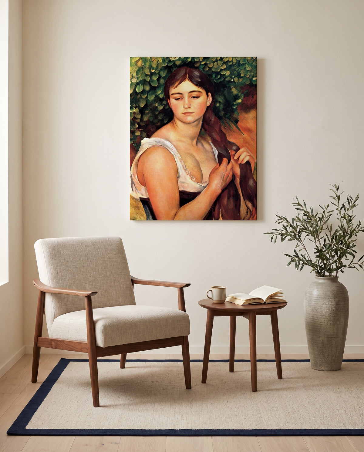 The Braid by Pierre-Auguste Renoir as a stretched canvas above a linen lounge chair in a reading corner