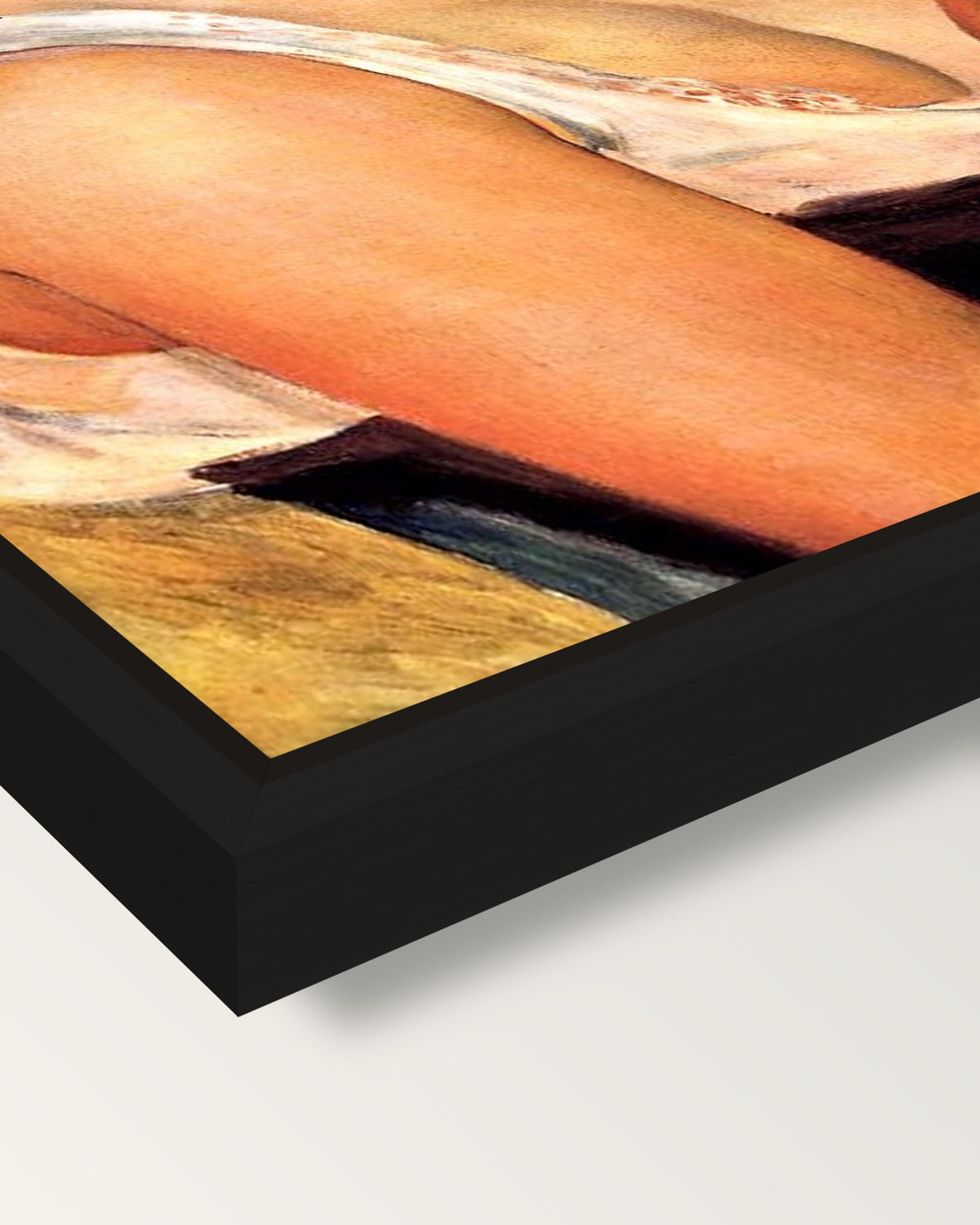The Braid by Pierre-Auguste Renoir framed canvas, corner close-up: a black floating frame with a shadow gap round the canvas