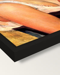 The Braid by Pierre-Auguste Renoir framed canvas, corner close-up: a black floating frame with a shadow gap round the canvas