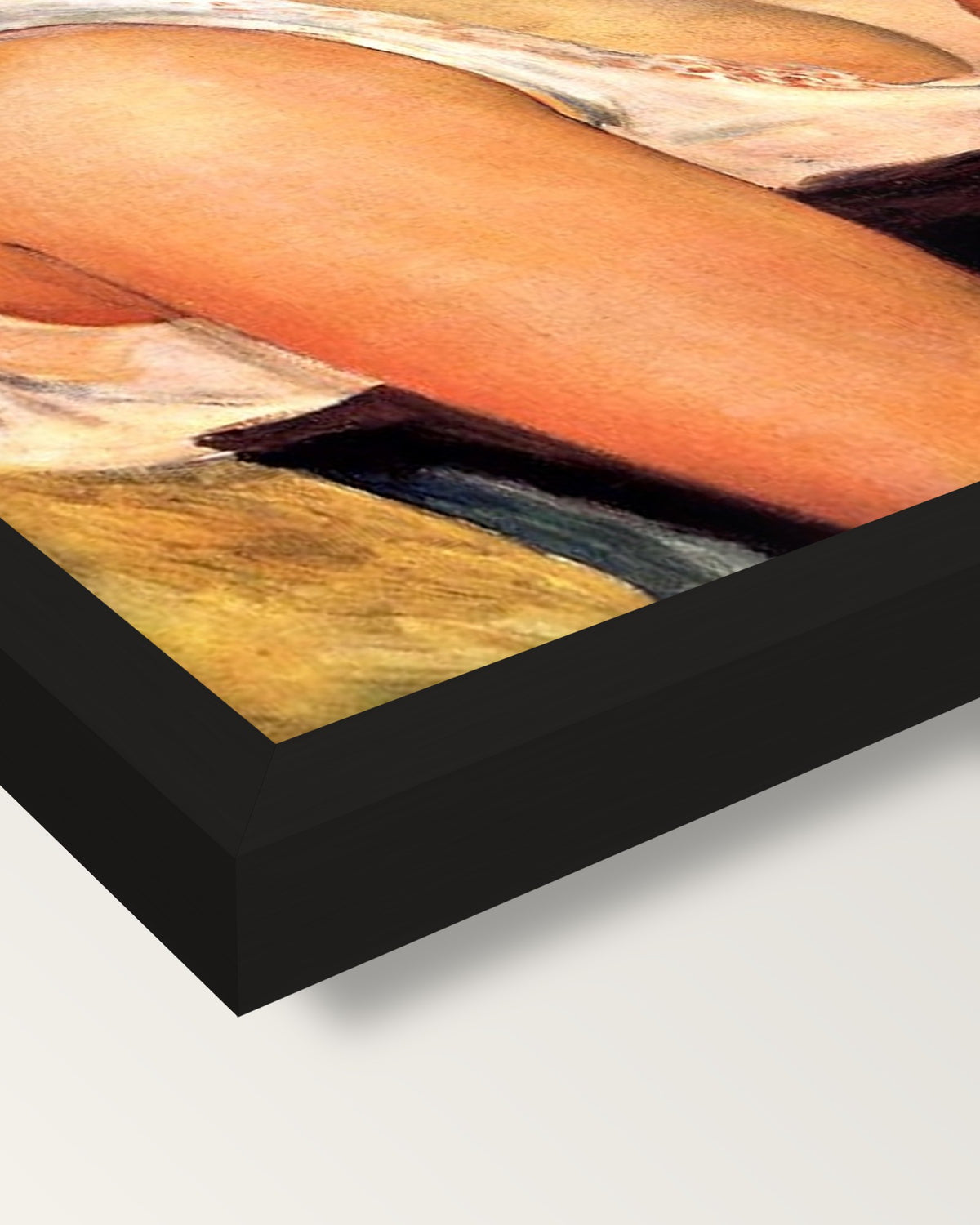 The Braid by Pierre-Auguste Renoir framed print, corner close-up: black moulding, mitred, the print set just below its edge