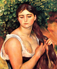 The Braid by Renoir: a dark-haired young woman in a white chemise braids her long hair, head bowed, green leaves behind