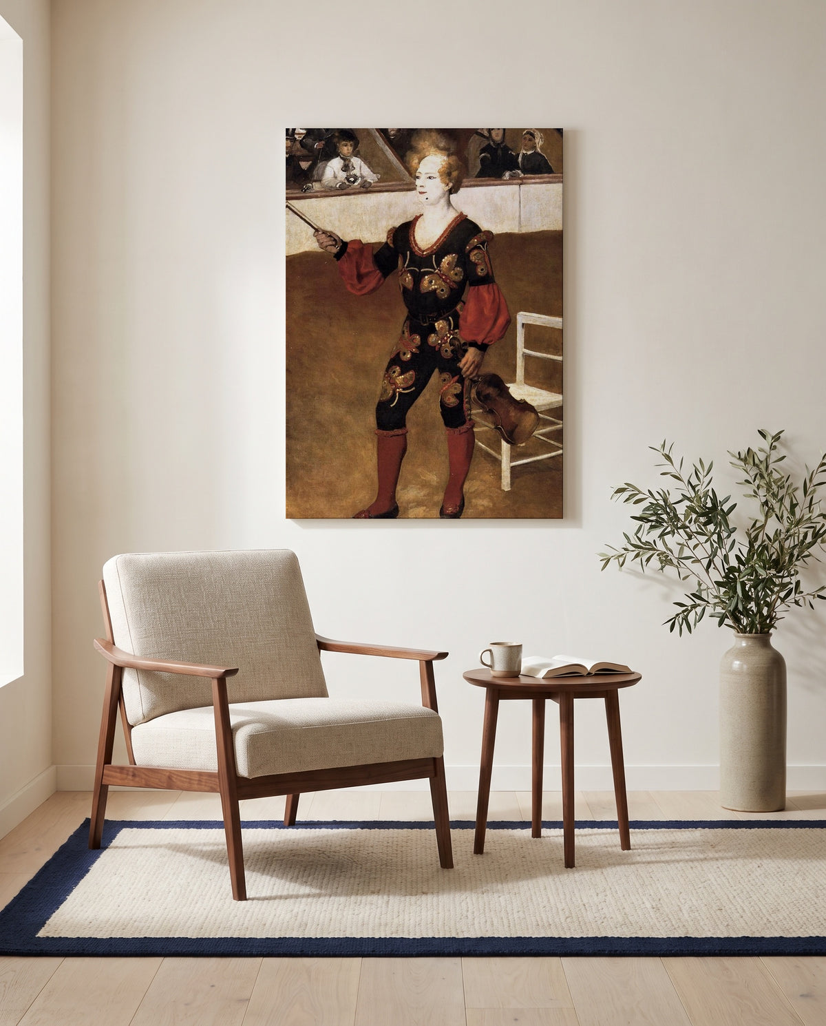 The Clown by Pierre-Auguste Renoir as a stretched canvas above a linen lounge chair in a reading corner