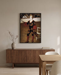 The Clown by Pierre-Auguste Renoir in a black frame above a walnut sideboard in a dining room