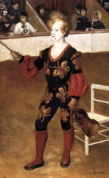 The Clown by Renoir: a clown in black with gold butterflies and red sleeves stands in a circus ring, a violin on a chair
