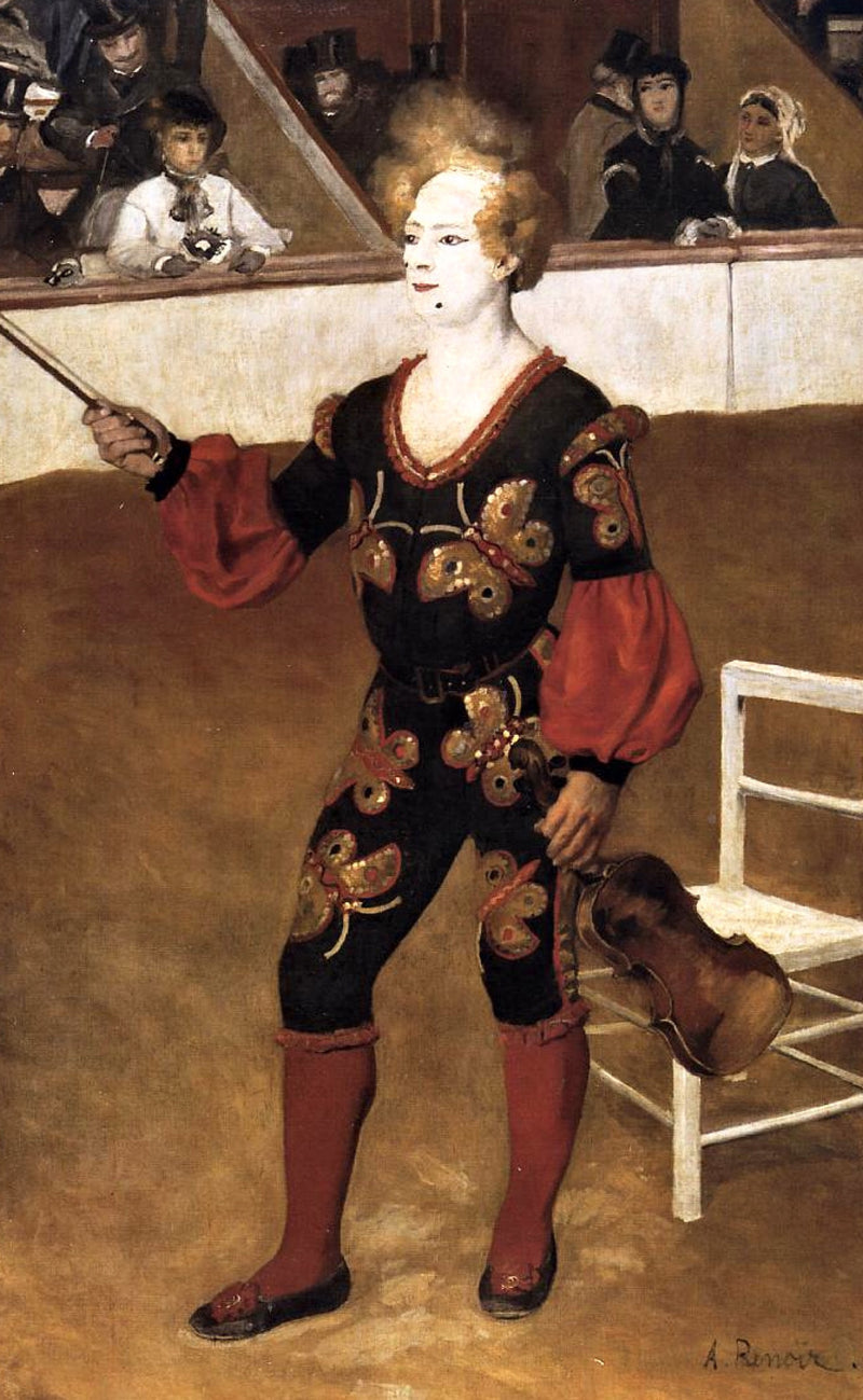 The Clown by Renoir: a clown in black with gold butterflies and red sleeves stands in a circus ring, a violin on a chair