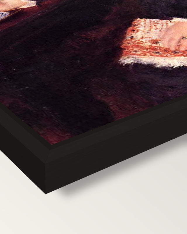 The Cup of Chocolate by Renoir framed canvas, corner close-up: a black floating frame with a shadow gap round the canvas