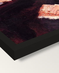 The Cup of Chocolate by Renoir framed print, corner close-up: black moulding, mitred, the print set just below its edge