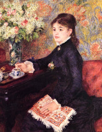 The Cup of Chocolate by Renoir: a dark-haired woman in a black dress sits at a table with a cup, a bouquet of flowers behind