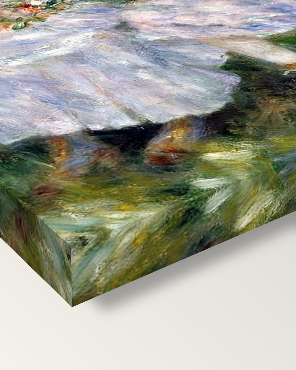 Durand-Ruel Daughters by Renoir on stretched canvas, corner close-up: the painting mirror-wrapped round the sides