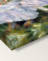 Durand-Ruel Daughters by Renoir on stretched canvas, corner close-up: the painting mirror-wrapped round the sides