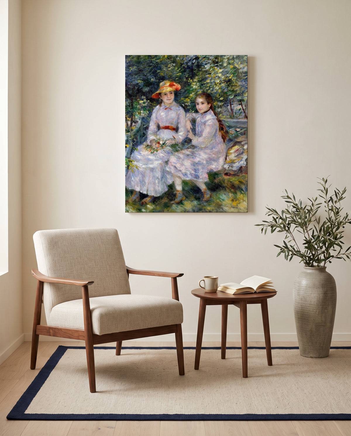Durand-Ruel Daughters by Pierre-Auguste Renoir as a stretched canvas above a linen lounge chair in a reading corner