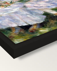 Durand-Ruel Daughters by Renoir framed canvas, corner close-up: a black floating frame with a shadow gap round the canvas