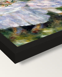 Durand-Ruel Daughters by Renoir framed print, corner close-up: black moulding, mitred, the print set just below its edge
