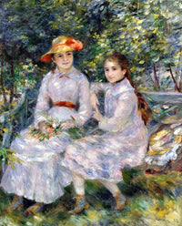 The Daughters of Durand-Ruel by Renoir: two girls in white dresses and straw hats sit together on a bench among green trees