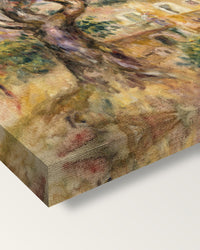 The Farm at Les Collettes by Renoir on stretched canvas, corner close-up: the painting mirror-wrapped round the sides