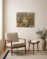 The Farm at Les Collettes by Pierre-Auguste Renoir as a stretched canvas above a linen lounge chair in a reading corner