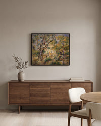 The Farm at Les Collettes by Pierre-Auguste Renoir in a black frame above a walnut sideboard in a dining room