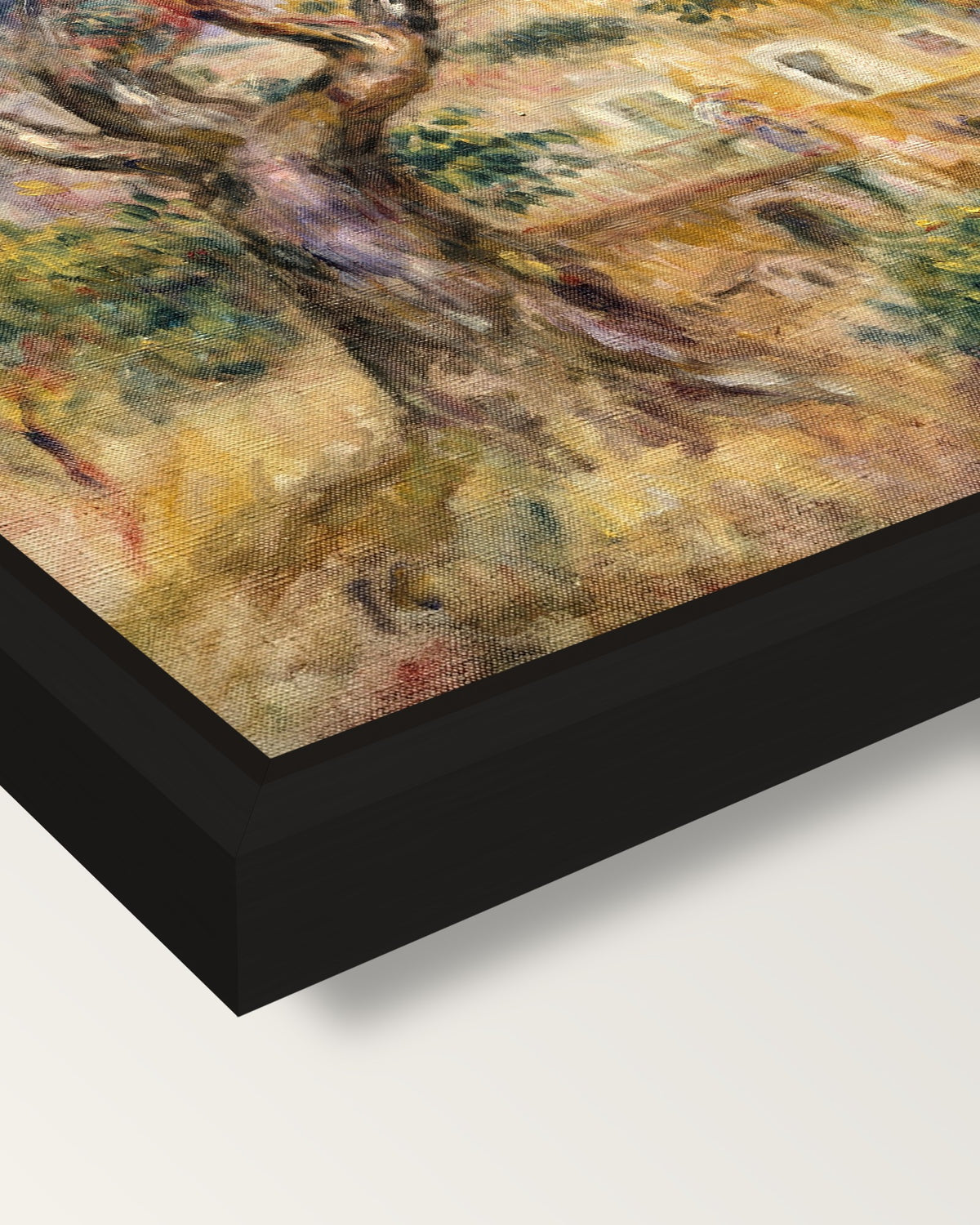 The Farm at Les Collettes by Renoir framed canvas, corner close-up: a black floating frame with a shadow gap round the canvas