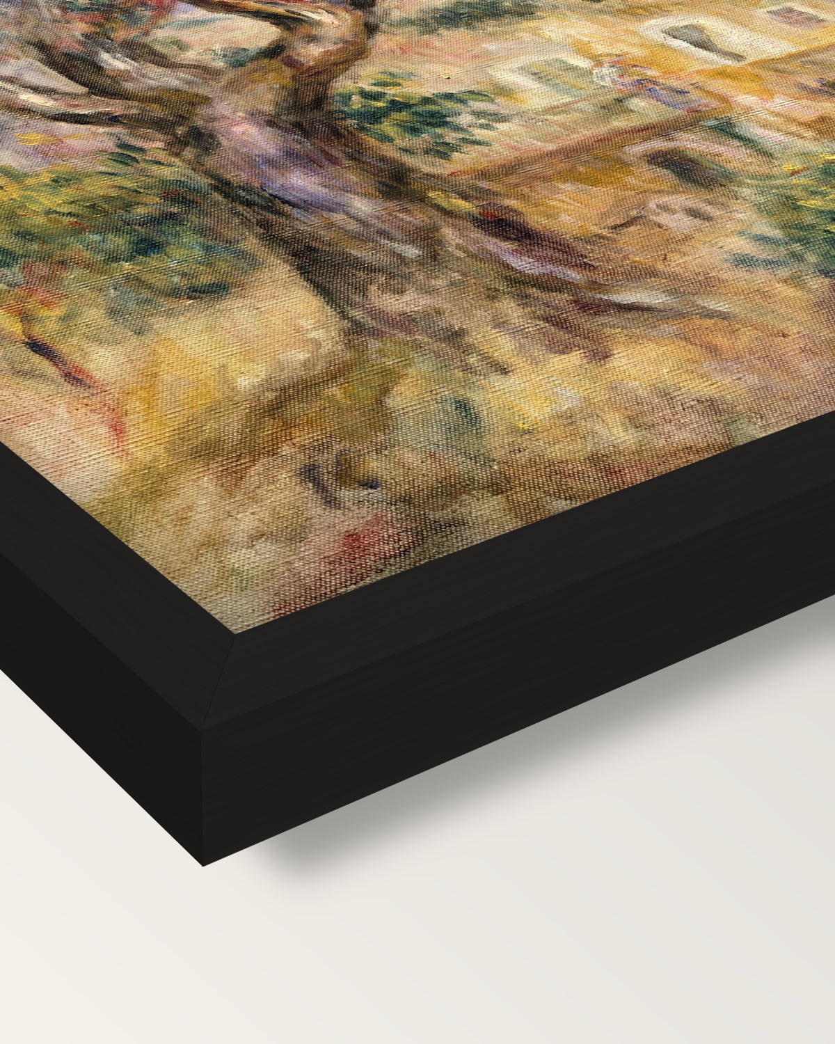 The Farm at Les Collettes by Renoir framed print, corner close-up: black moulding, mitred, the print set just below its edge
