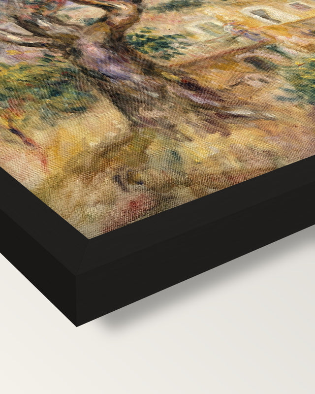The Farm at Les Collettes by Renoir framed print, corner close-up: black moulding, mitred, the print set just below its edge