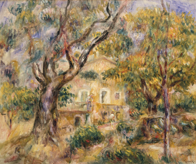 The Farm at Les Collettes by Renoir: an old farmhouse half hidden by twisted trees in warm golden-green southern light
