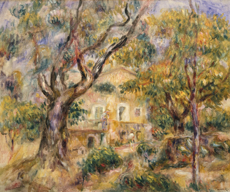 The Farm at Les Collettes by Renoir: an old farmhouse half hidden by twisted trees in warm golden-green southern light