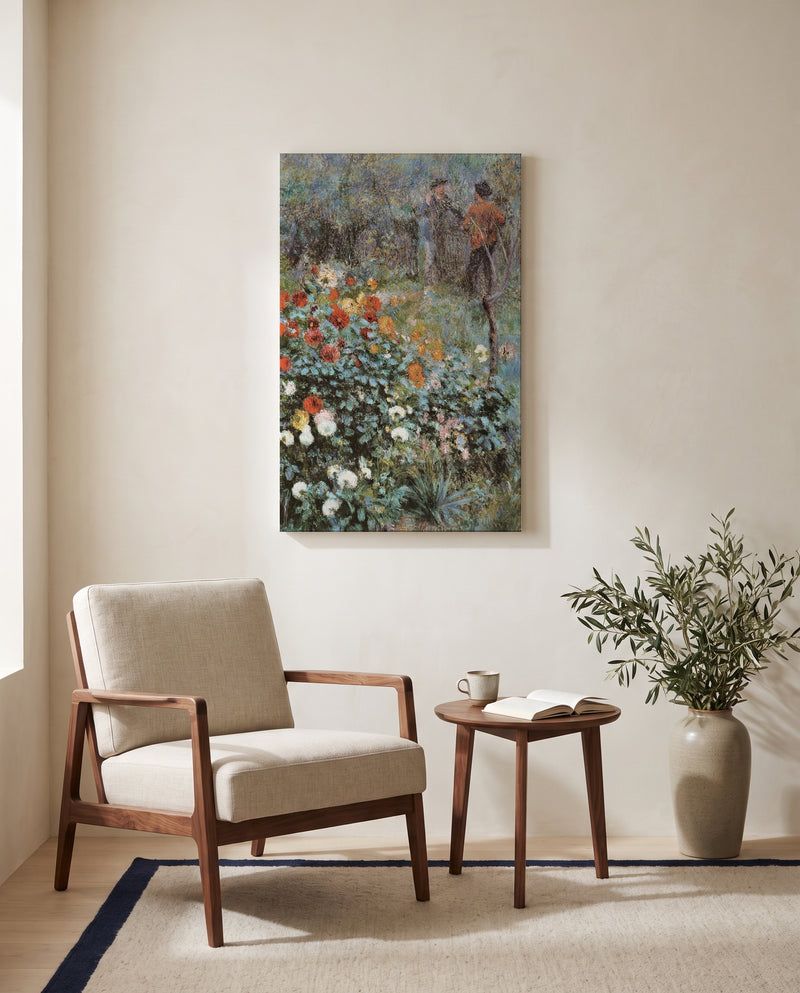 Garden in the Rue Cortot by Pierre-Auguste Renoir as a stretched canvas above a linen lounge chair in a reading corner