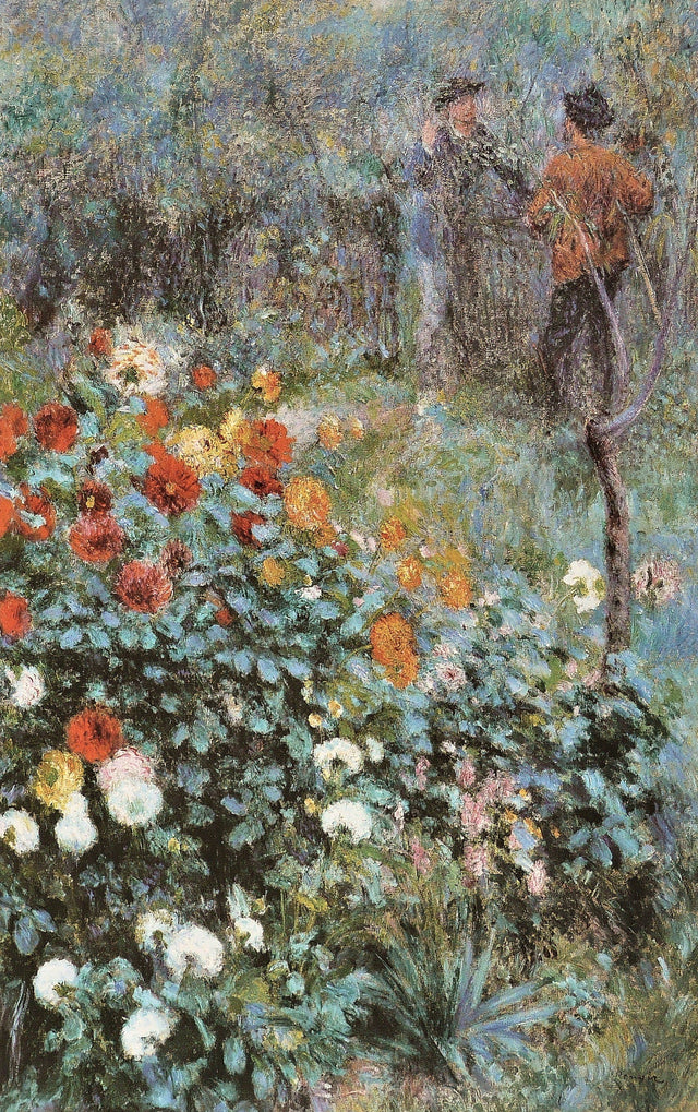The Garden in the Rue Cortot by Renoir: tall red, orange and white dahlias in a wild garden, two men at a gate behind