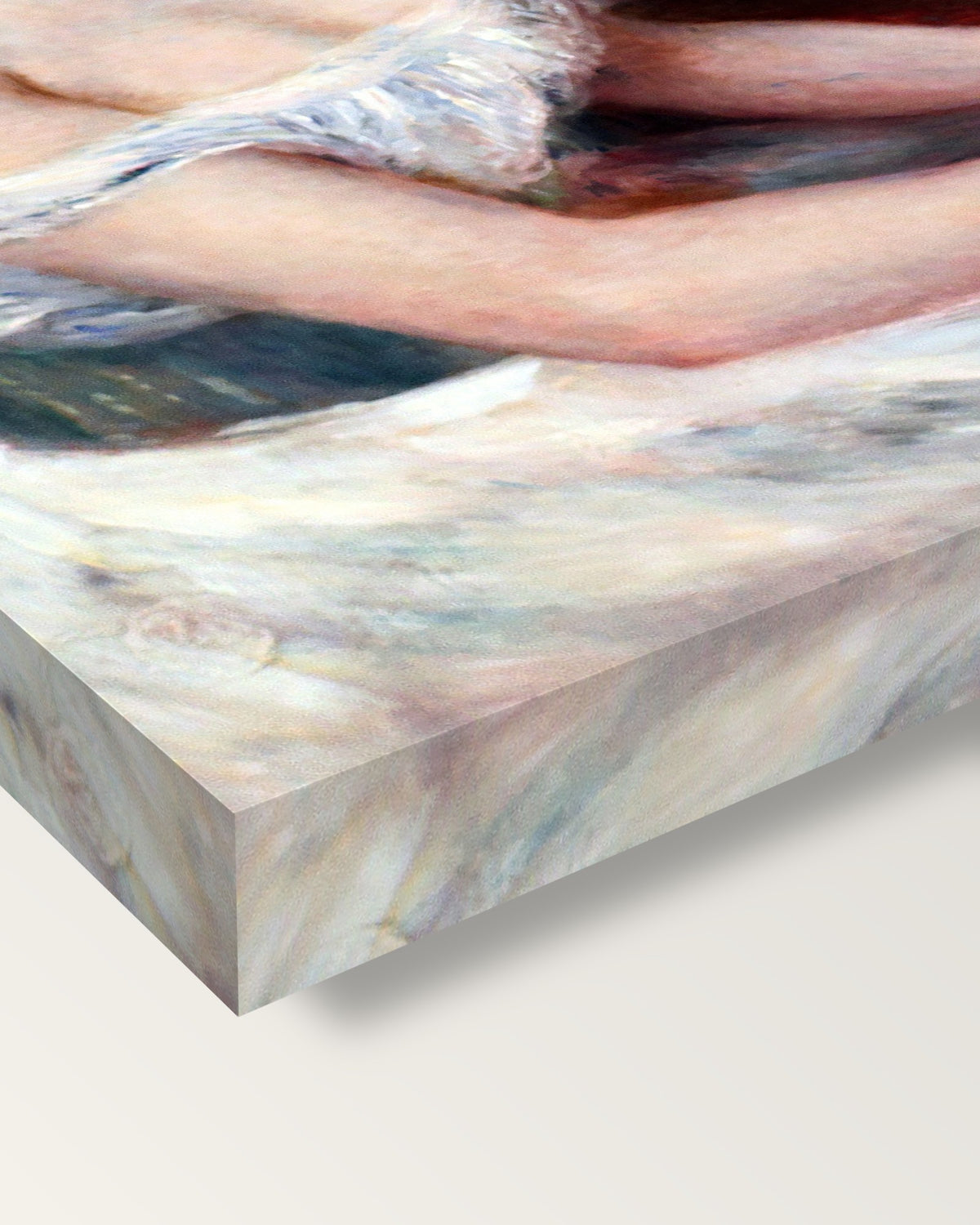 The Green Jardinière by Renoir on stretched canvas, corner close-up: the painting mirror-wrapped round the sides