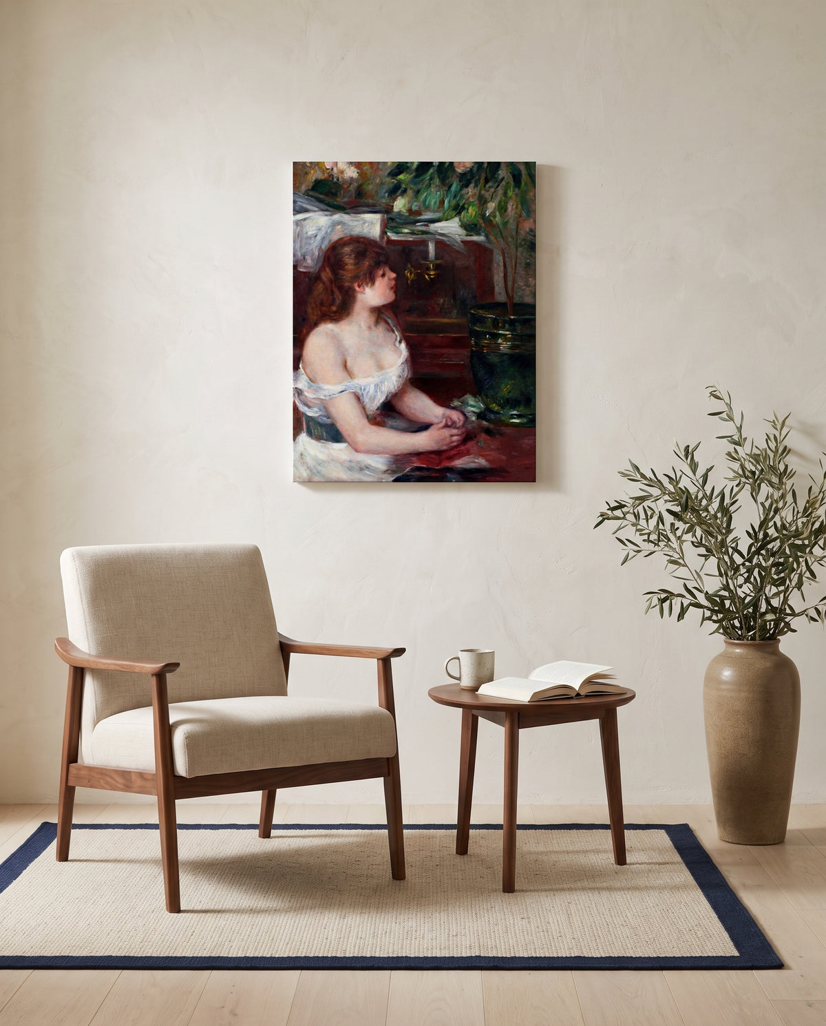 The Green Jardinière by Pierre-Auguste Renoir as a stretched canvas above a linen lounge chair in a reading corner